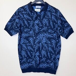 John Smedley Kimball Leaf Pattern Cotton Polo Shirt - Men's Size L - Blue